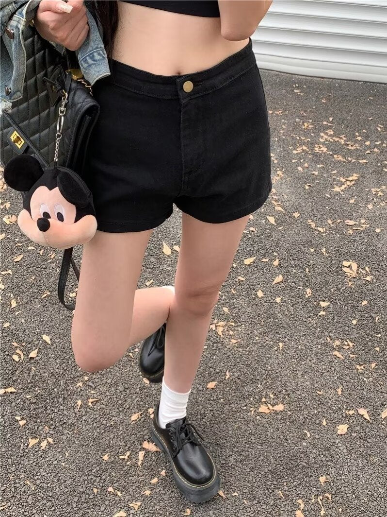 Black Denim Shorts High Waist Slimming Hot Pants