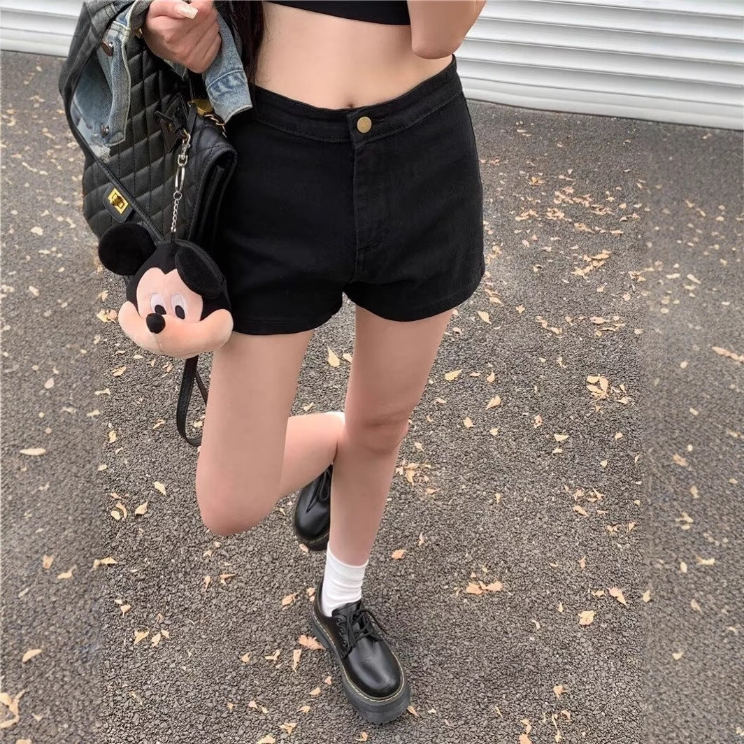 Black Denim Shorts High Waist Slimming Hot Pants