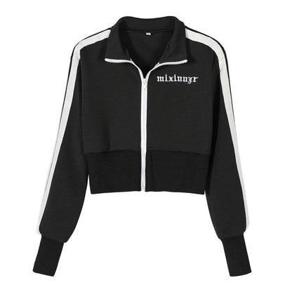Women's Korean Style Letter Embroidery Black Sports Jacket