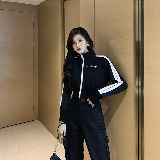 Women's Korean Style Letter Embroidery Black Sports Jacket