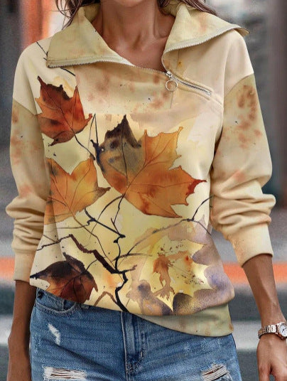 Trendy Abstract Printing Long Sleeve Zipper Sweater For Women