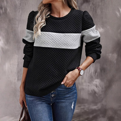 Women's Spring And Autumn Leisure Loose Color Contrast Round Neck Long Sleeve Texture Hoodie