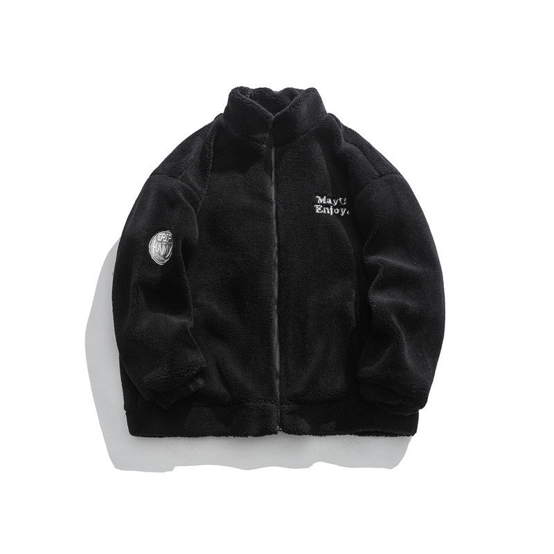 Casual Letter Embroidered Lamb Wool Coat Neutral Cotton-padded Jacket