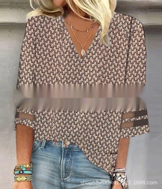 Women's Loose Long Sleeve Printed V-neck Shirt
