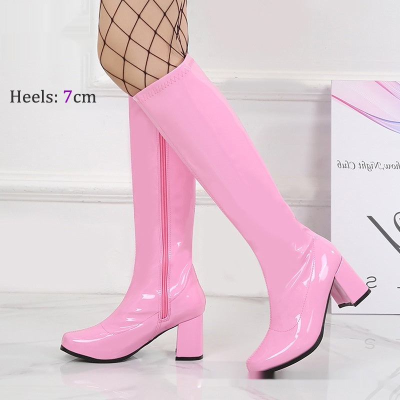 Patent Leather Stretch Chunky Heel All-matching Middle Boots
