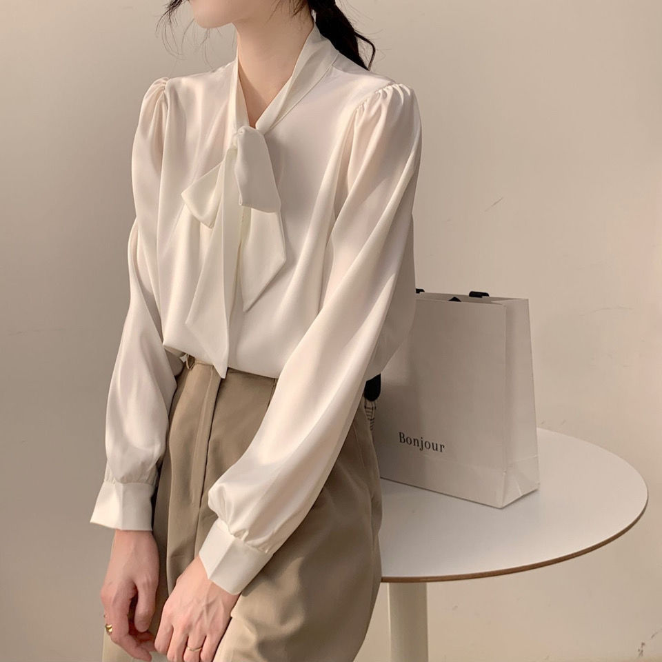 Lace-up Bow Business Wear Solid Color Bottoming Long Sleeve Shirt