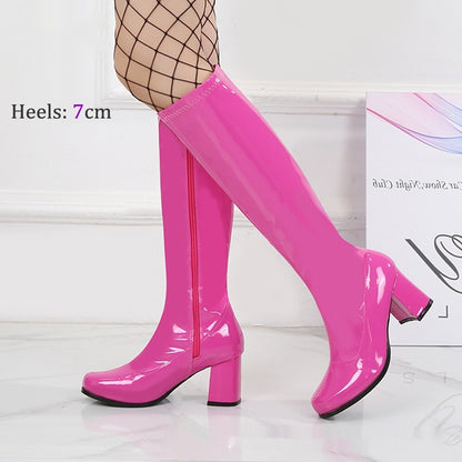 Patent Leather Stretch Chunky Heel All-matching Middle Boots