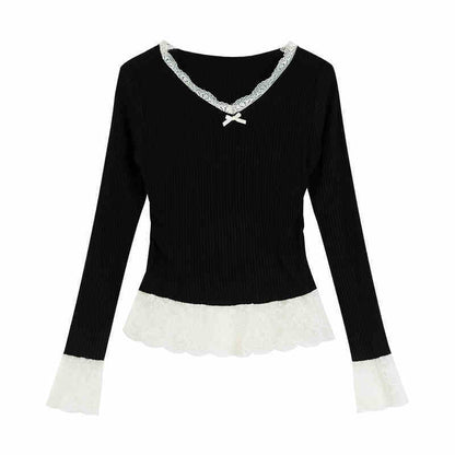 Fake Two Pieces V-neck Stitching Lace Lace Knitwear