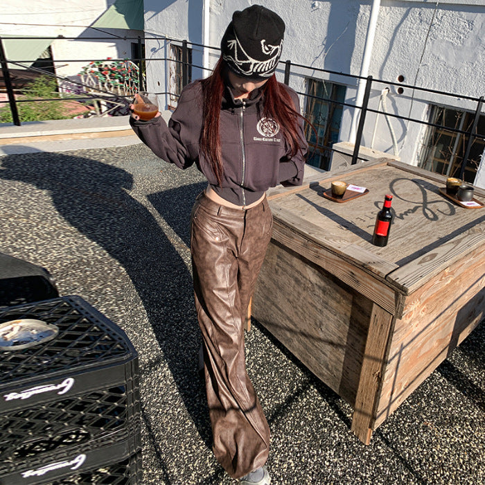 Retro Brown Pu Leather Waist Super Soft Brown Wide Leg Pants Maillard Wear