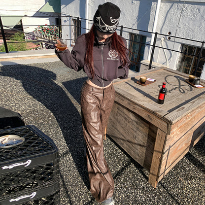 Retro Brown Pu Leather Waist Super Soft Brown Wide Leg Pants Maillard Wear