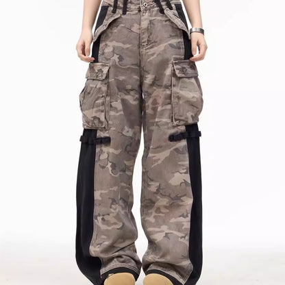 American-style Retro Patchwork Zipper Camouflage Men's And Women's Wide-leg Pants