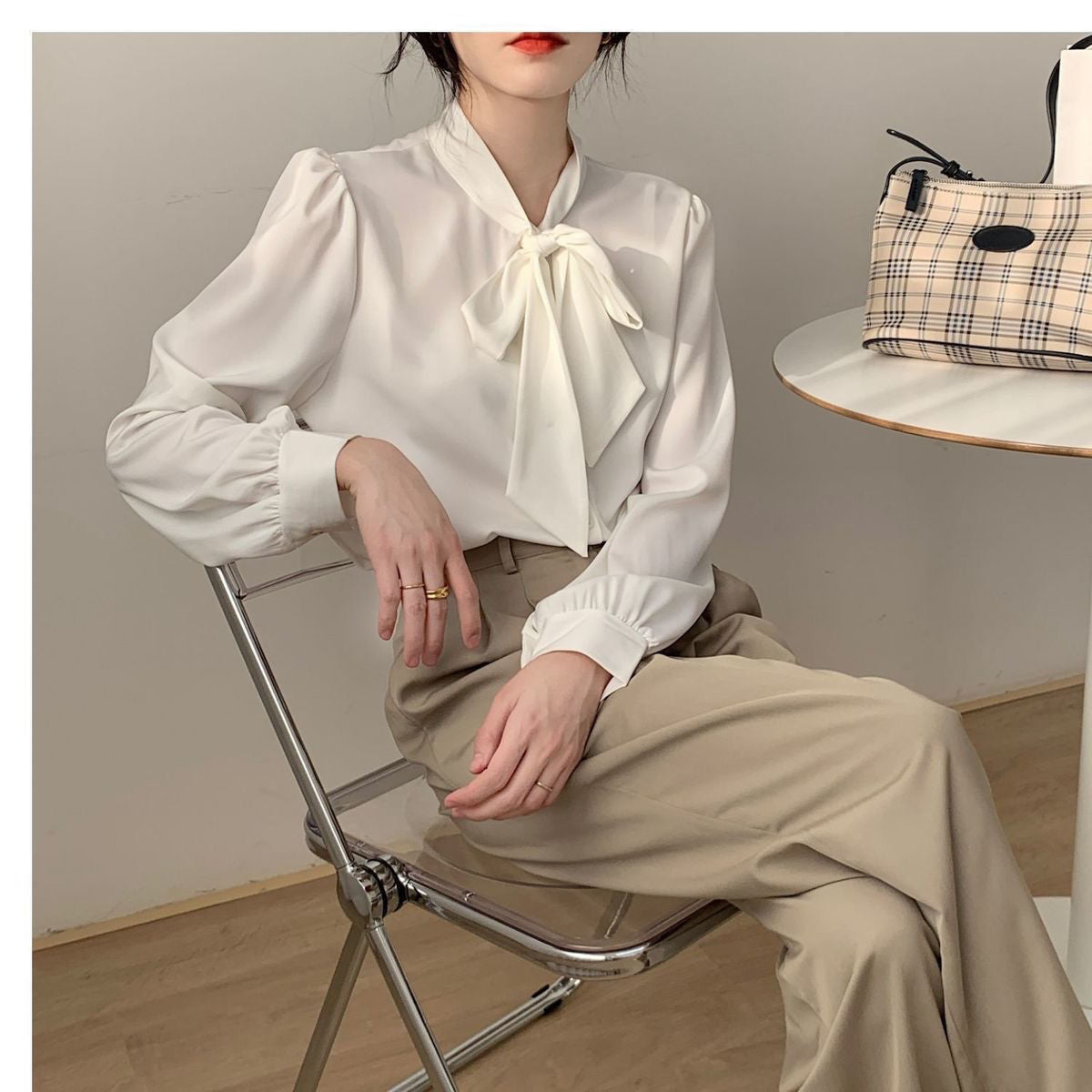 Lace-up Bow Business Wear Solid Color Bottoming Long Sleeve Shirt
