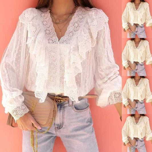 Women's Lace V-neck Patchwork Ruffled Shirt