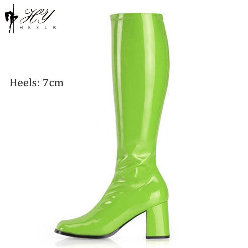 Patent Leather Stretch Chunky Heel All-matching Middle Boots