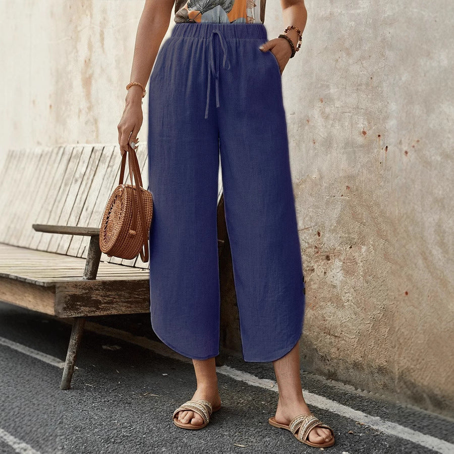 Cotton And Linen Drawstring Cropped Loose Pockets Casual Pants