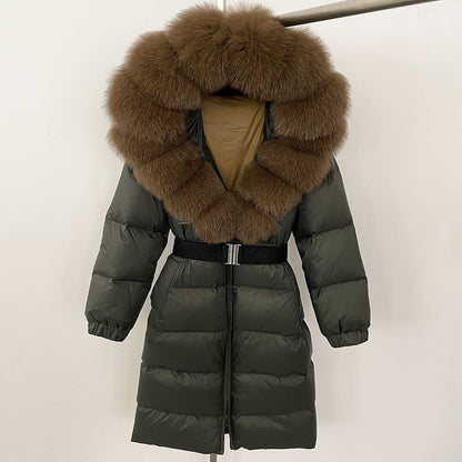 Women's Long Cinched Hoodie Real Fox Fur Collar Coat