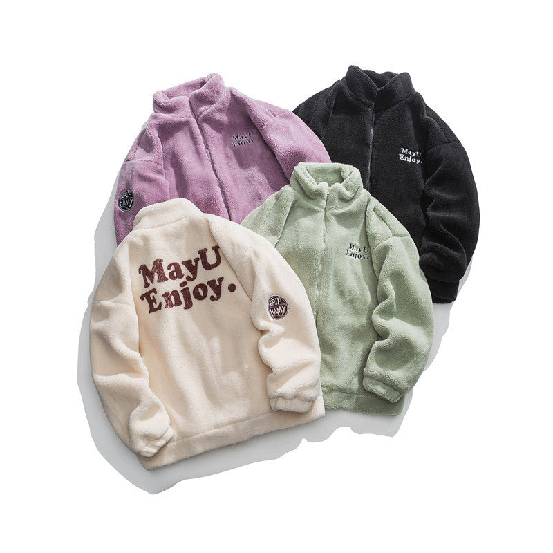 Casual Letter Embroidered Lamb Wool Coat Neutral Cotton-padded Jacket