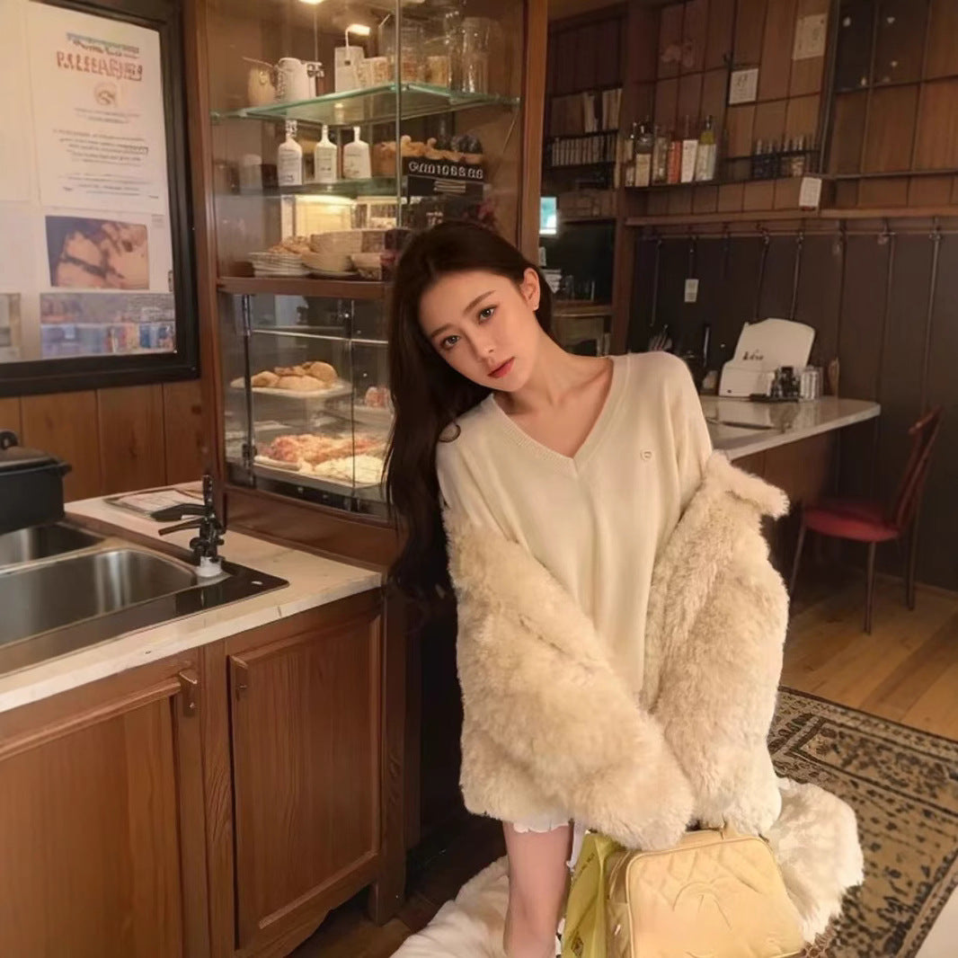 Women's Korean-style Lapel Thickening Warm Furry Coat