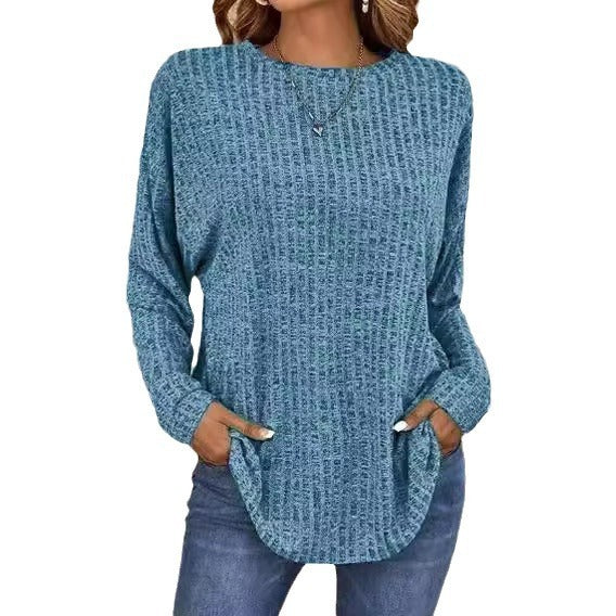 Knitted Sweater Round Neck Sunken Stripe Top Long Sleeve Loose T-shirt