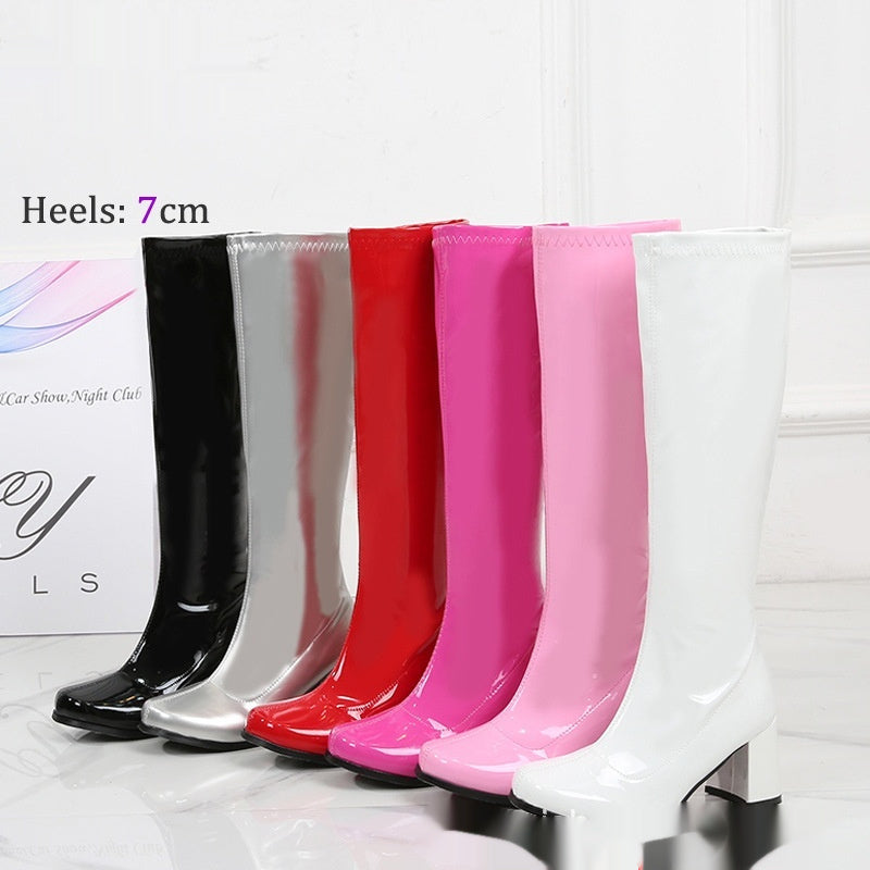 Patent Leather Stretch Chunky Heel All-matching Middle Boots
