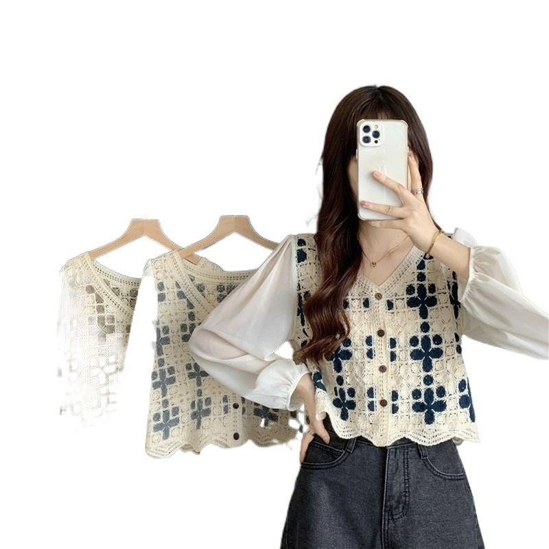 Hollow Lace Shirt Spring Fashion Long Sleeve Stitching