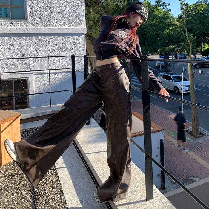 Retro Brown Pu Leather Waist Super Soft Brown Wide Leg Pants Maillard Wear