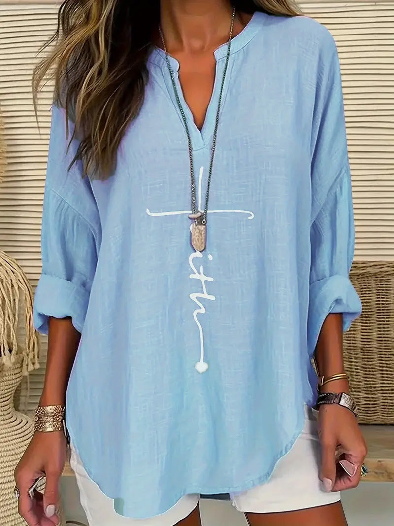 Women's Casual V-neck Cotton And Linen Solid Color Shirt