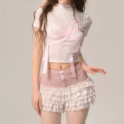 Peach Blossom Bud White French Lace Shorts