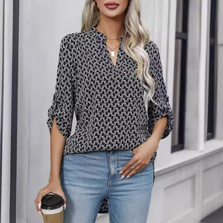 Women's Loose Long Sleeve Printed V-neck Shirt