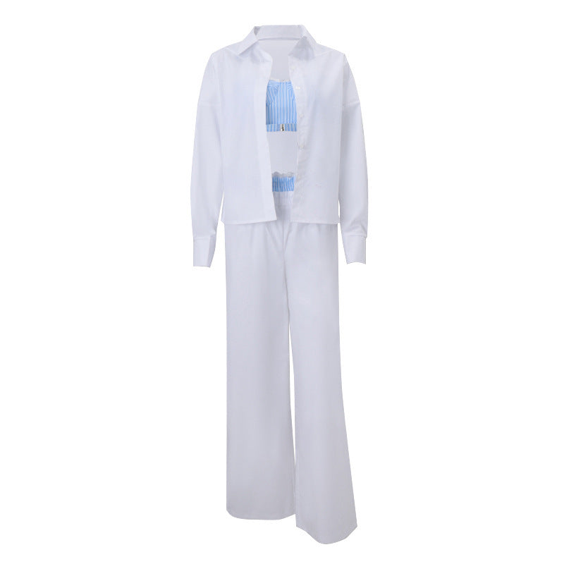 Women's Fashion Casual Sexy Three-piece Suit Solid Color Inner Wear Long Sleeve Shirt Wide Leg Pants